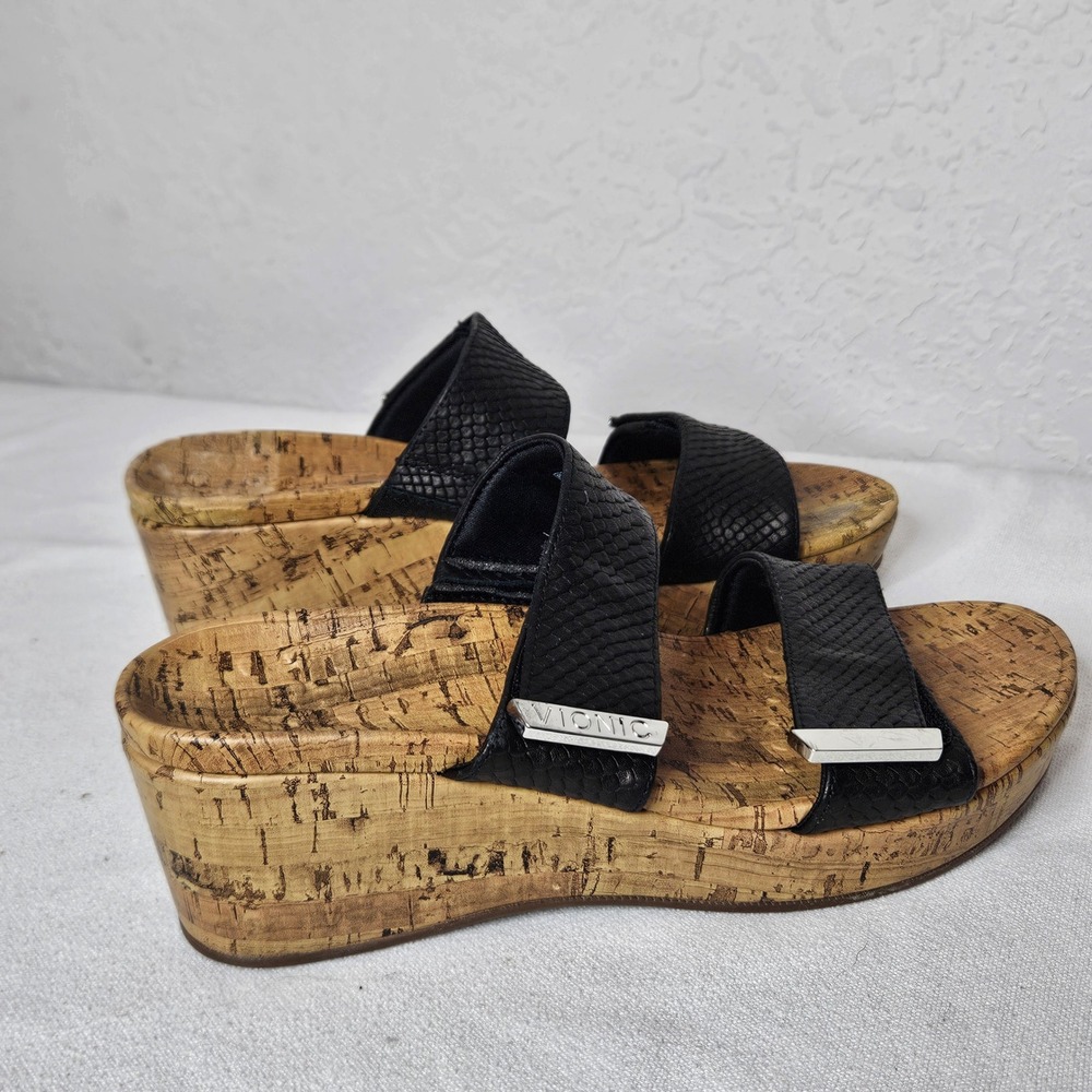 Vionic Atlantic Pepper Black Snakeskin Cork Wedge Sandals Size 9 Adjustable - Picture 5 of 8